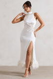 Zoe Cream Satin Twist Split Maxi Dress With Feather Trim