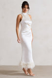 Zoe Cream Satin Twist Split Maxi Dress With Feather Trim