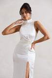 Zoe Cream Satin Twist Split Maxi Dress With Feather Trim