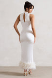 Zoe Cream Satin Twist Split Maxi Dress With Feather Trim