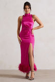 Zoe Dark Pink Satin Twist Split Maxi Dress With Feather Trim