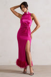Zoe Dark Pink Satin Twist Split Maxi Dress With Feather Trim
