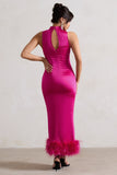Zoe Dark Pink Satin Twist Split Maxi Dress With Feather Trim