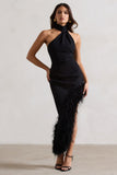 Brilliance Black Asymmetric Maxi Dress With Feather Trim