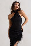 Brilliance Black Asymmetric Maxi Dress With Feather Trim