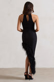 Brilliance Black Asymmetric Maxi Dress With Feather Trim