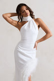 Brilliance White Asymmetric Maxi Dress With Feather Trim
