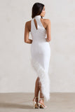 Brilliance White Asymmetric Maxi Dress With Feather Trim