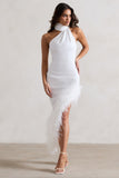 Brilliance White Asymmetric Maxi Dress With Feather Trim