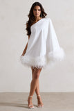 Epiphany White One Shoulder Cape Sleeve Mini Dress With Feathers