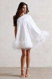 Epiphany White One Shoulder Cape Sleeve Mini Dress With Feathers