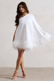 Epiphany White One Shoulder Cape Sleeve Mini Dress With Feathers
