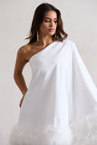 Epiphany White One Shoulder Cape Sleeve Mini Dress With Feathers