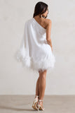 Epiphany White One Shoulder Cape Sleeve Mini Dress With Feathers
