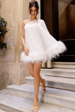 Epiphany White One Shoulder Cape Sleeve Mini Dress With Feathers