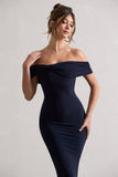 Keely Navy Bodycon Twisted Bardot Midi Dress