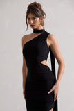 Icon Black One Shoulder Cut-Out Maxi Dress With Scarf