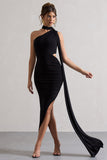 Icon Black One Shoulder Cut-Out Maxi Dress With Scarf