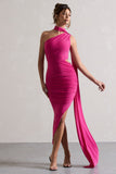 Icon Dark Pink One Shoulder Cut-Out Maxi Dress With Scarf
