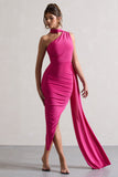 Icon Dark Pink One Shoulder Cut-Out Maxi Dress With Scarf