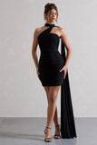 Abel Black Ruched One Shoulder Mini Dress With Scarf