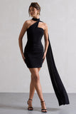 Abel Black Ruched One Shoulder Mini Dress With Scarf