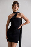 Abel Black Ruched One Shoulder Mini Dress With Scarf