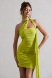 Abel Lime Green Ruched One Shoulder Mini Dress With Scarf