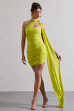 Abel Lime Green Ruched One Shoulder Mini Dress With Scarf