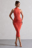 Sidnie Orange Ruched Bodycon High-Neck Midi Dress
