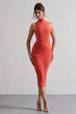 Sidnie Orange Ruched Bodycon High-Neck Midi Dress