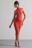Sidnie Orange Ruched Bodycon High-Neck Midi Dress