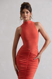 Sidnie Orange Ruched Bodycon High-Neck Midi Dress