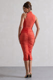 Sidnie Orange Ruched Bodycon High-Neck Midi Dress