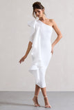 Polo White One Shoulder Bodycon Midi Dress With Ruffle