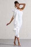 Polo White One Shoulder Bodycon Midi Dress With Ruffle