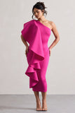 Polo Dark Pink One Shoulder Bodycon Midi Dress With Ruffle