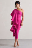 Polo Dark Pink One Shoulder Bodycon Midi Dress With Ruffle