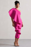 Polo Dark Pink One Shoulder Bodycon Midi Dress With Ruffle