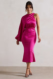 Nola Dark Pink Satin One-Sleeve Midi Dress