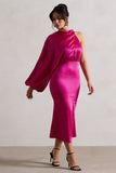 Nola Dark Pink Satin One-Sleeve Midi Dress