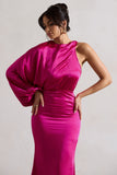 Nola Dark Pink Satin One-Sleeve Midi Dress