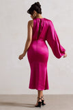 Nola Dark Pink Satin One-Sleeve Midi Dress