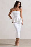 Chicago White Bodycon Bandeau Midi Dress With Peplum Detail