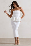 Chicago White Bodycon Bandeau Midi Dress With Peplum Detail