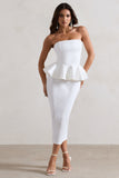 Chicago White Bodycon Bandeau Midi Dress With Peplum Detail