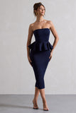 Chicago Navy Bodycon Bandeau Midi Dress With Peplum Detail