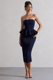 Chicago Navy Bodycon Bandeau Midi Dress With Peplum Detail