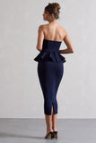 Chicago Navy Bodycon Bandeau Midi Dress With Peplum Detail