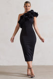 Orchestra Black One Shoulder Ruffled Midi Dress